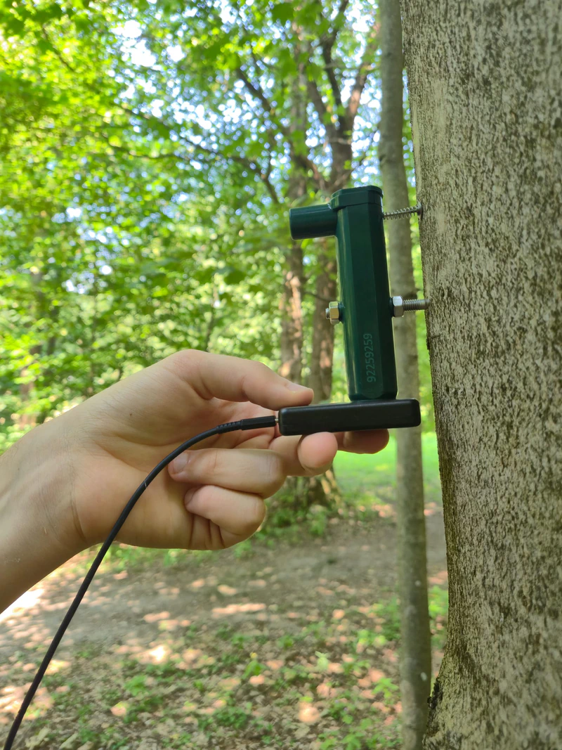 TMD Adapter touching the base of a Point Dendrometer installed on a tree