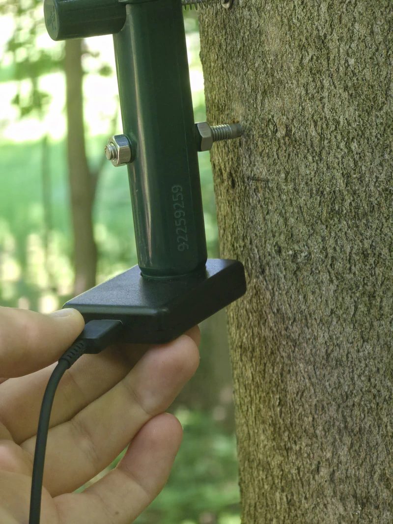 TMD Adapter held against an installed Point Dendrometer to download data