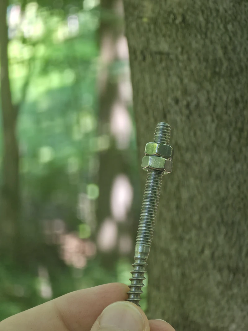 Mounting screw with its nuts misaligned